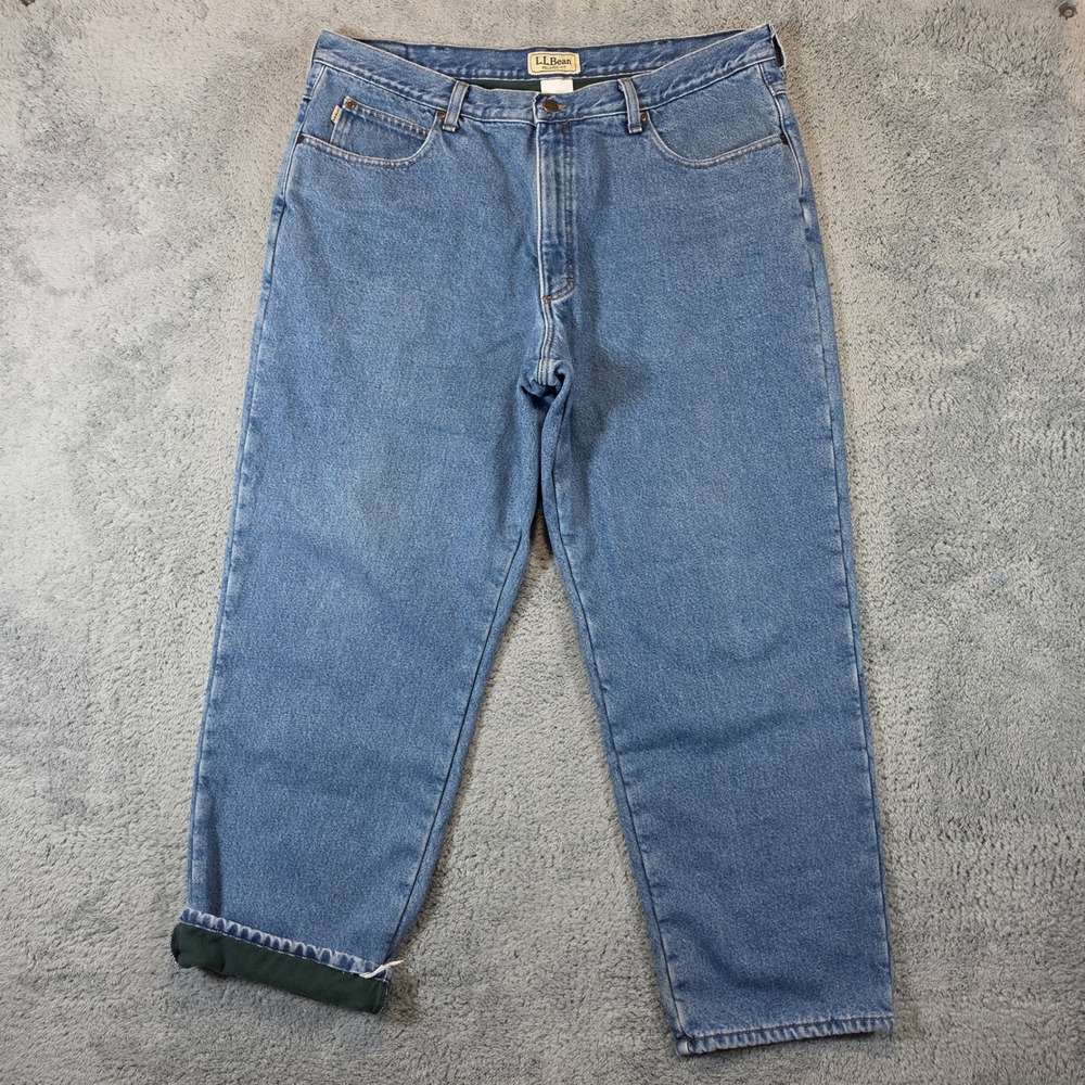 LL Bean Fleece Lined Jeans Mens 40x30 Blue Relaxed Fit Denim Winter Rugged Pants